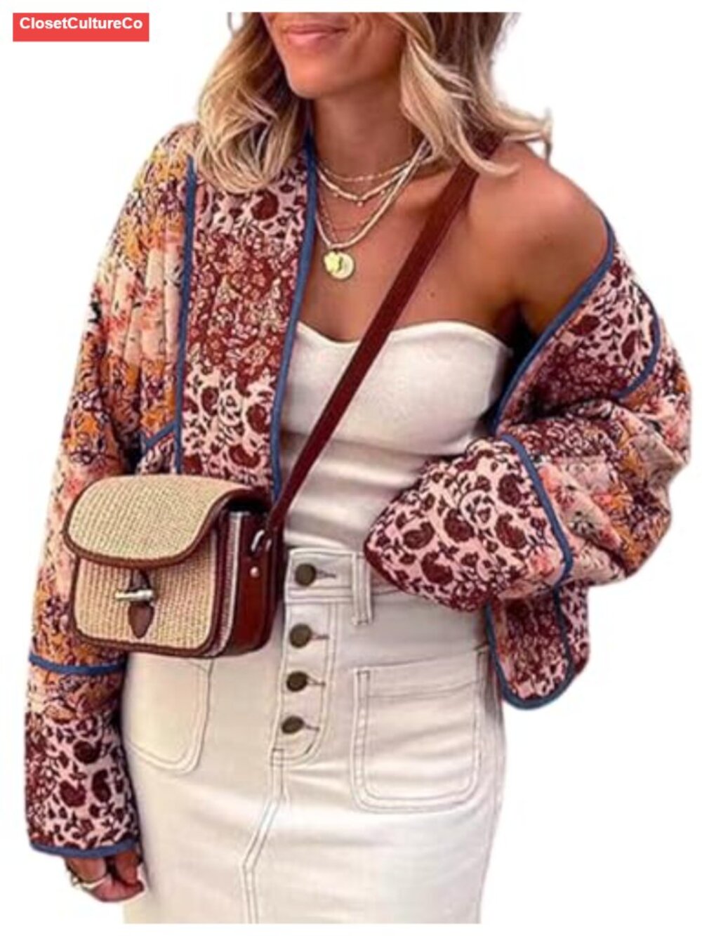 Reversible Floral Quilted Crop Puffer Jacket Open Front Lightweight Women